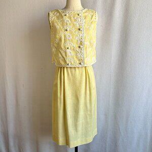1960s Yellow Sleeveless Linen Sheath Dress & Embroidered Jacket